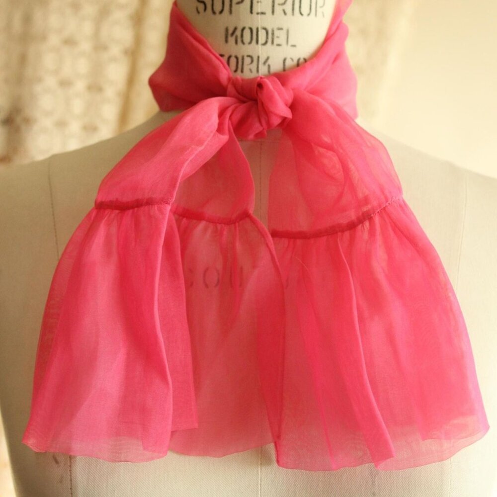 Vintage 1950s 1960s Scarf, Pink Organdy Chiffon Hair Tie, Neckerchief, Kerchief